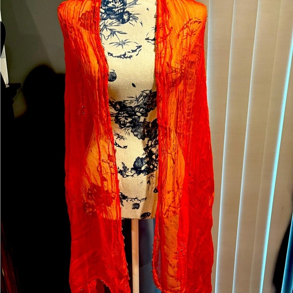 Beaded & Stoned Orange Scarf Wrap Bead Detailing Rhinestone - Picture 3 of 6